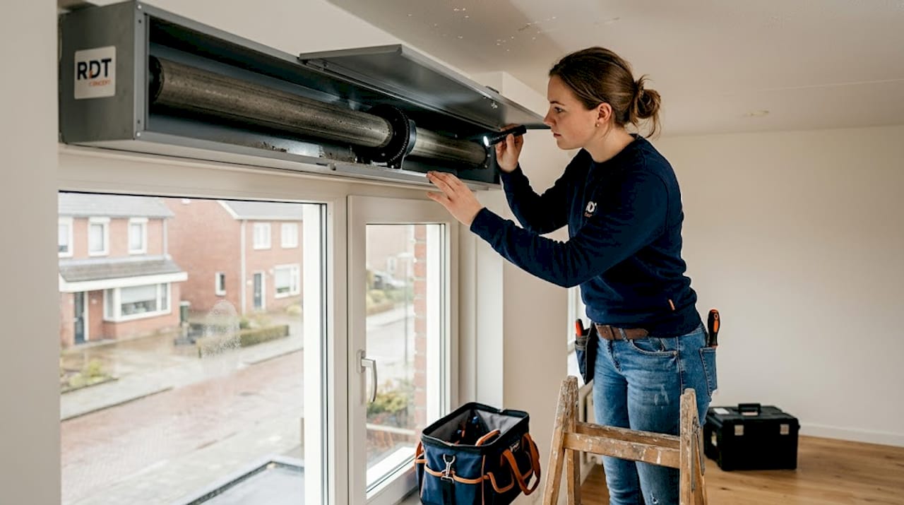 Vrouw checkt of haar rolluikkast goed geïsoleerd is