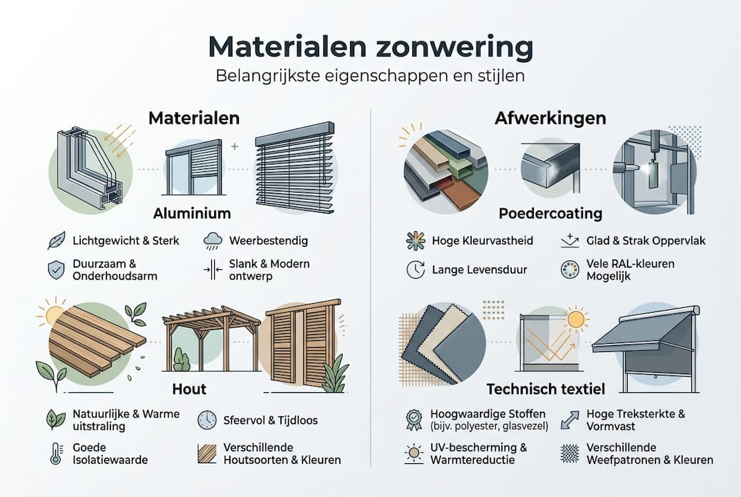Overzicht van de verschillende materialen en afwerkingen voor zonwering