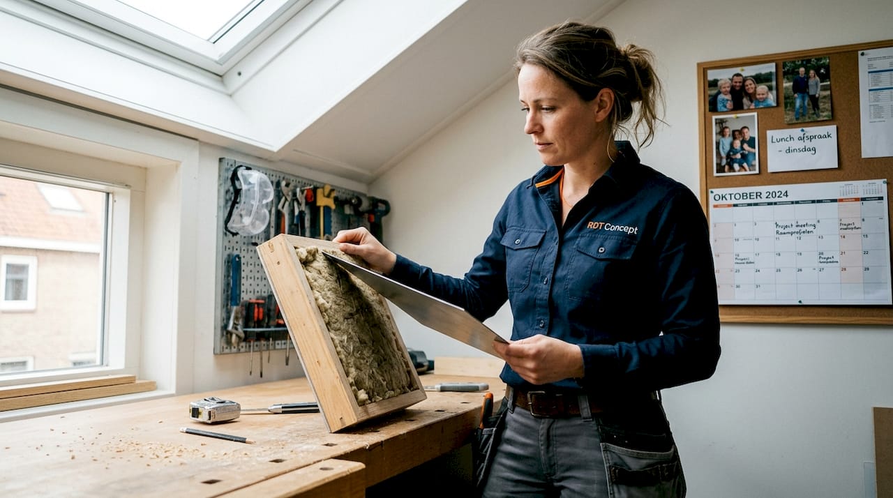 Vrouw bekijkt en vergelijkt geïsoleerde panelen voor garagedeuren