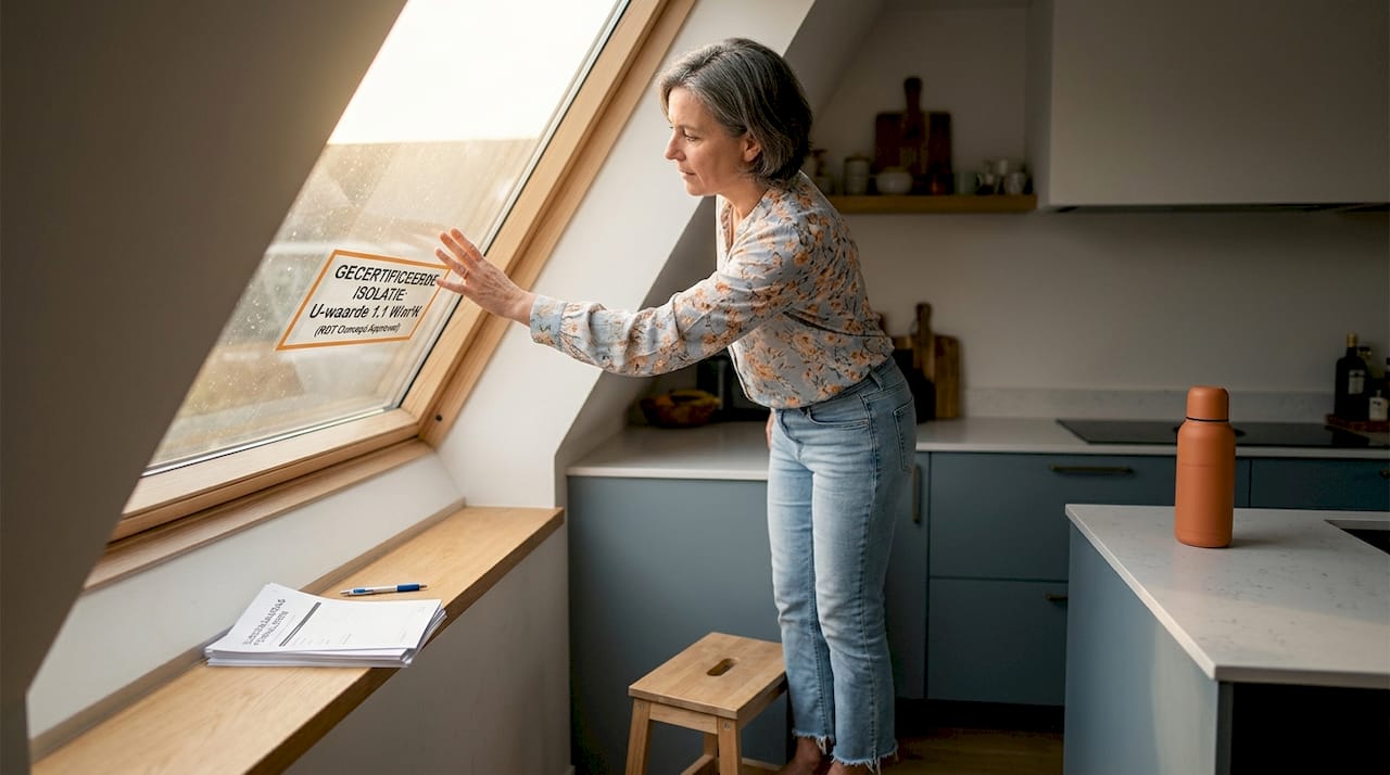 Een vrouw onderzoekt hoe ze met haar dakraam energie kan besparen.