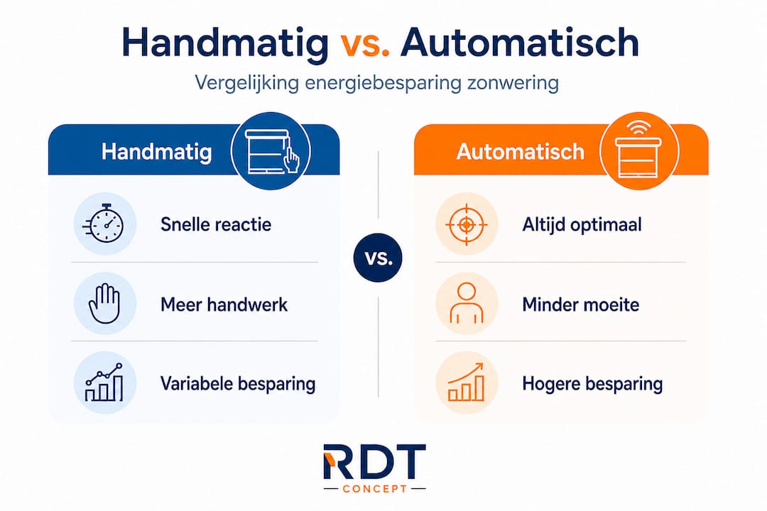 Vergelijkende infographic — handmatige versus automatische zonwering RDT Concept