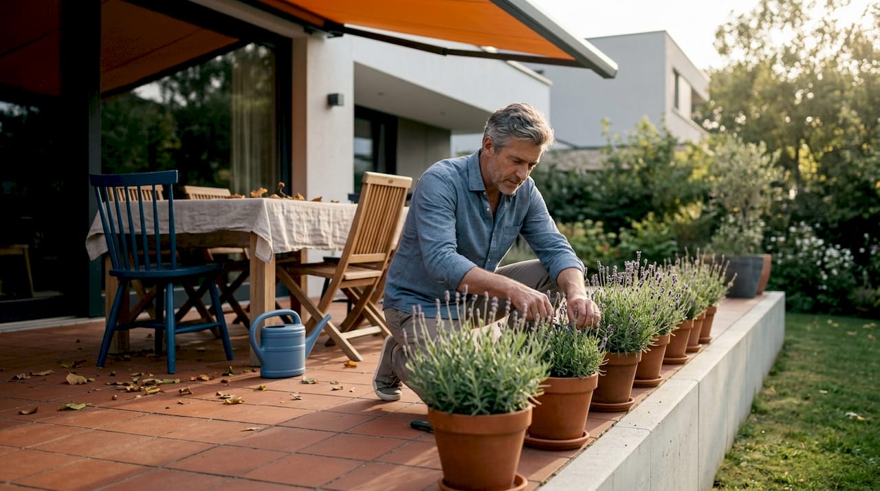 Een man geeft zijn planten aandacht op een sfeervol terras.
