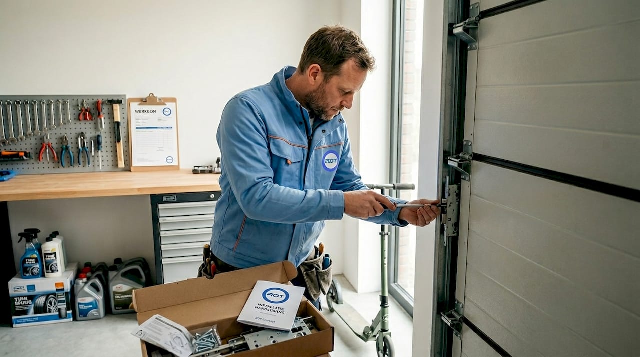 Erkende vakman installeert meerpuntsvergrendeling op een sectionale garagepoort in West-Vlaanderen