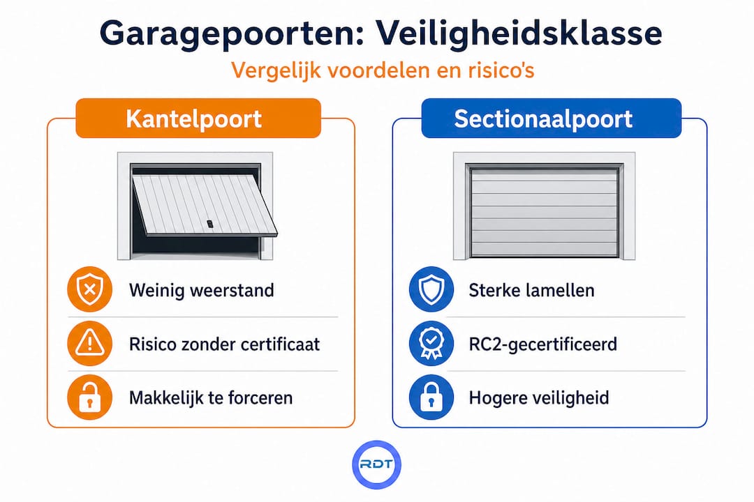 Infographic vergelijking veiligheid garagepoorten: kantelpoort versus sectionaalpoort met RC2-norm