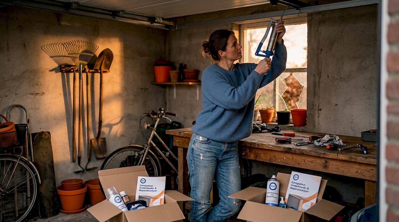 Onderhoud van de rail van een automatische garagedeur door een vrouw