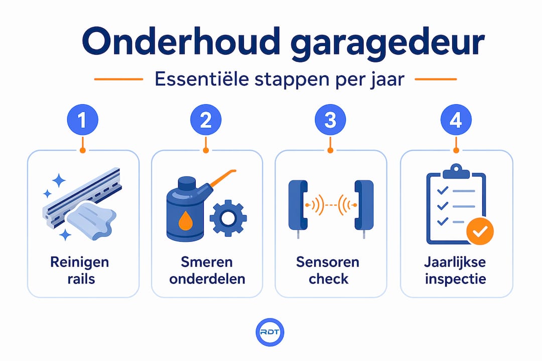 Infographic met onderhoudsstappen voor een geautomatiseerde garagedeur
