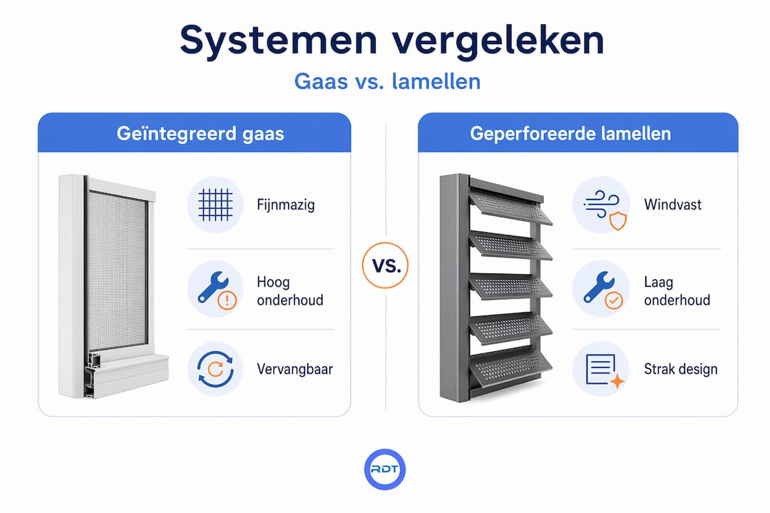 Infographic: geïntegreerd gaas versus lamellen – een overzichtelijke vergelijking insectenwering