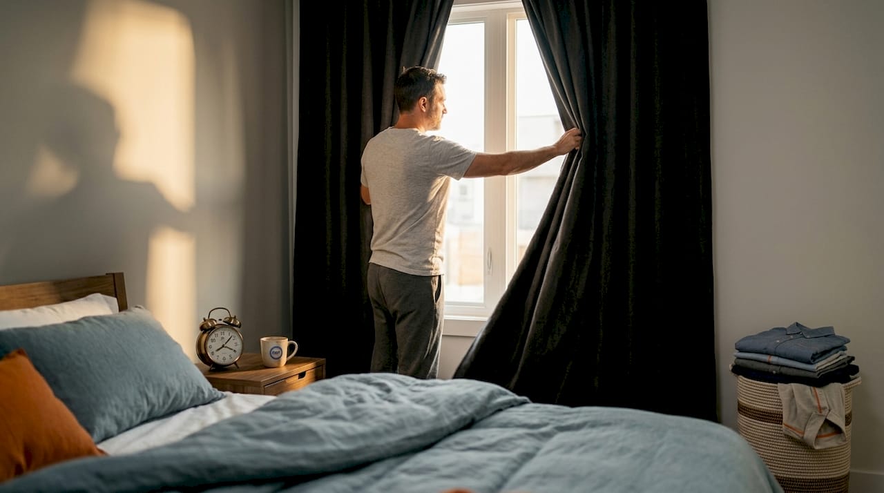Man schuift het verduisterende gordijn open in de slaapkamer