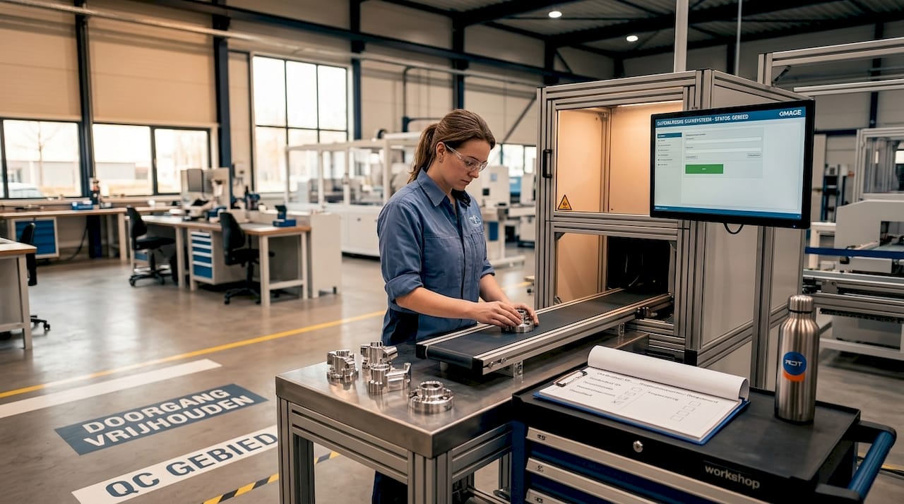 Een technicus controleert onderdelen aan een geautomatiseerde werkbank in de fabriek. automatisering in bedrijfsprocessen