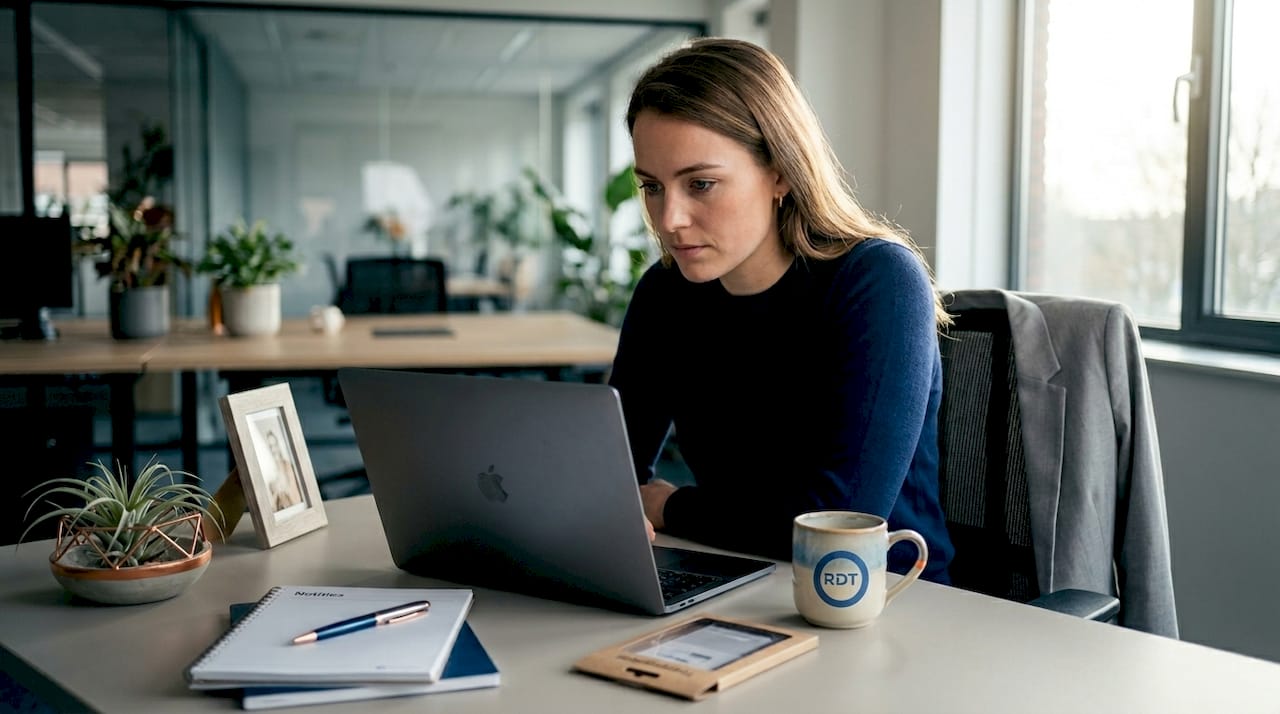 Voorbeelden automatisering: digitale onboarding van een nieuwe medewerker met laptop op kantoor