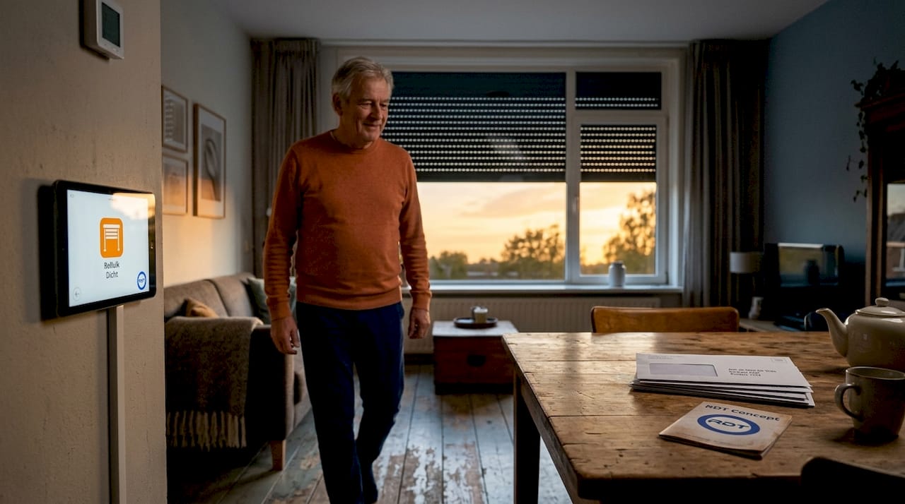 Een man loopt langs een raam terwijl het automatische rolluik langzaam naar beneden gaat.