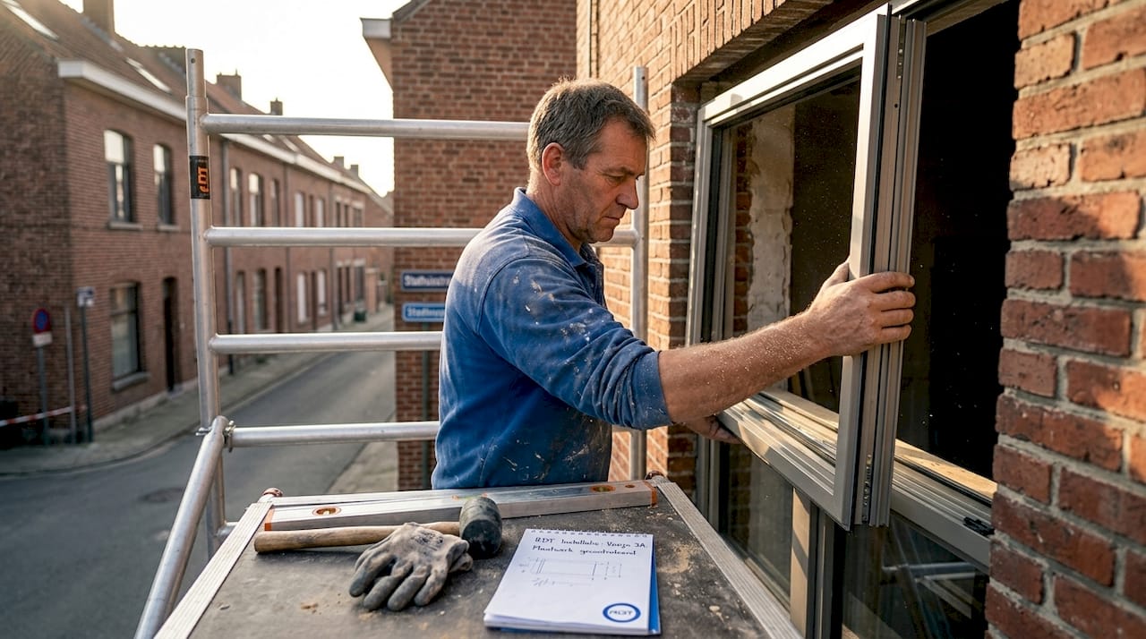 Vakman plaatst op maat gemaakt raam in gerenoveerde woning