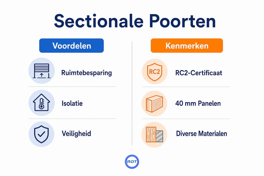 Infographic: de pluspunten en eigenschappen van sectionaaldeuren op een rij