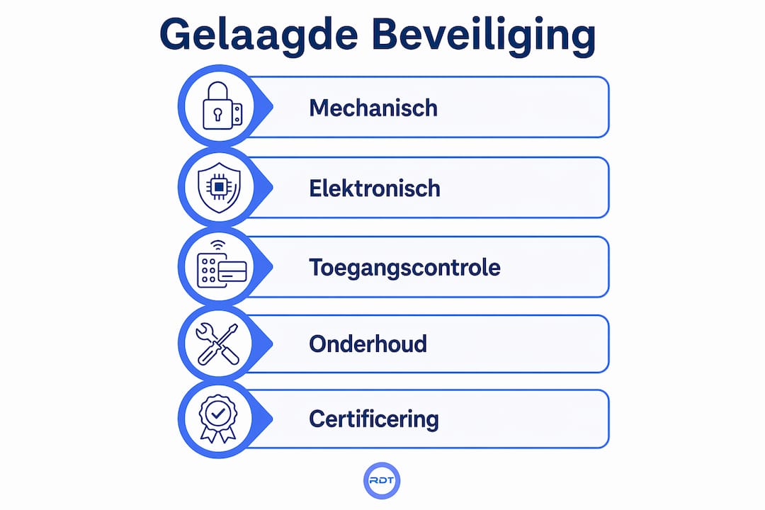 Infographic Veiligheidsoplossingen Woning 2026 — gelaagde beveiliging in 4 stappen RDT Concept