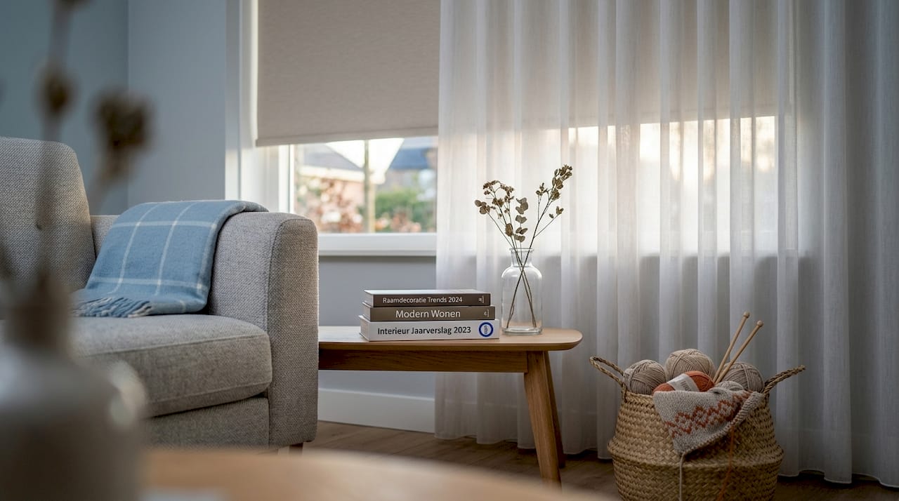 lichtinval regelen gelaagde raamdecoratie lichte woonkamer rolgordijn plissé overgordijn