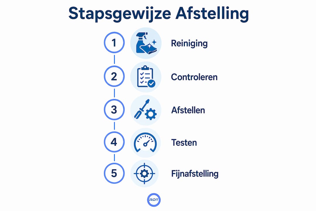 workflow garagepoort afstellen infographic stappenplan mechanische afstelling rails rollen scharnieren