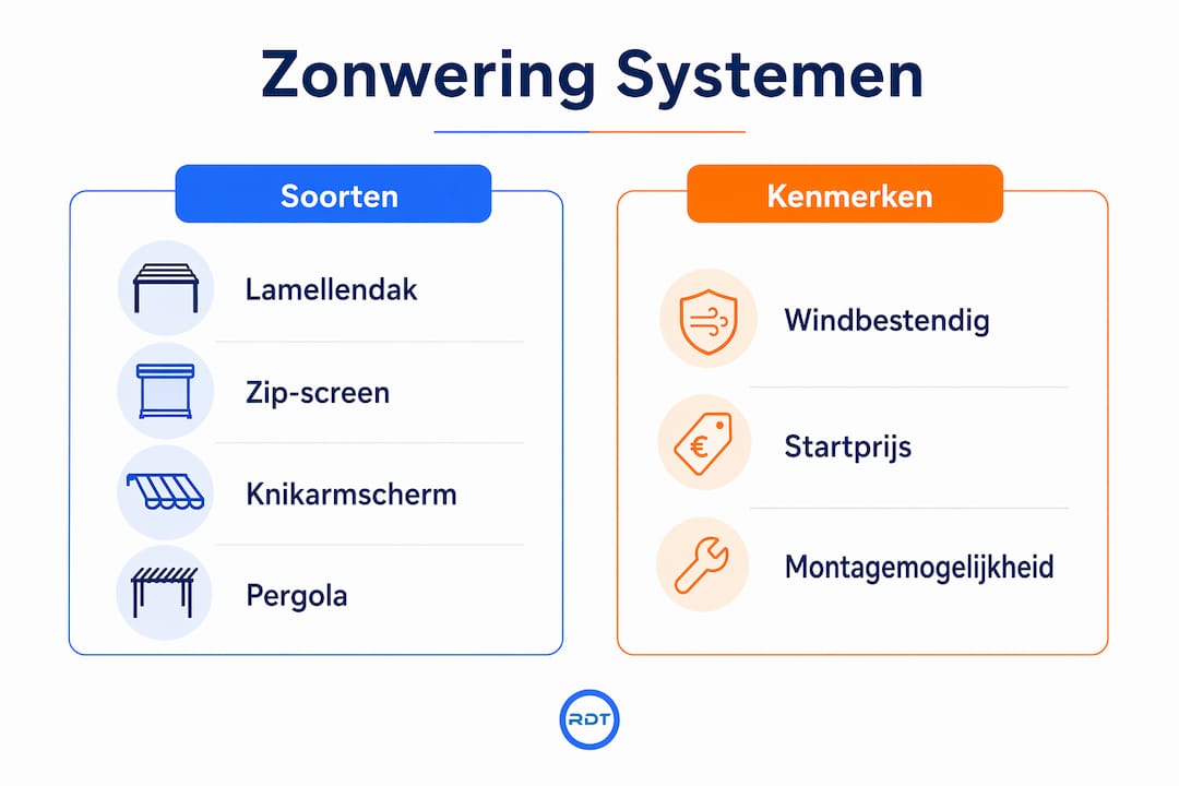Infographic vergelijkt zonwering terras systemen — lamellendak, zip-screen, knikarmscherm en pergolazonwering