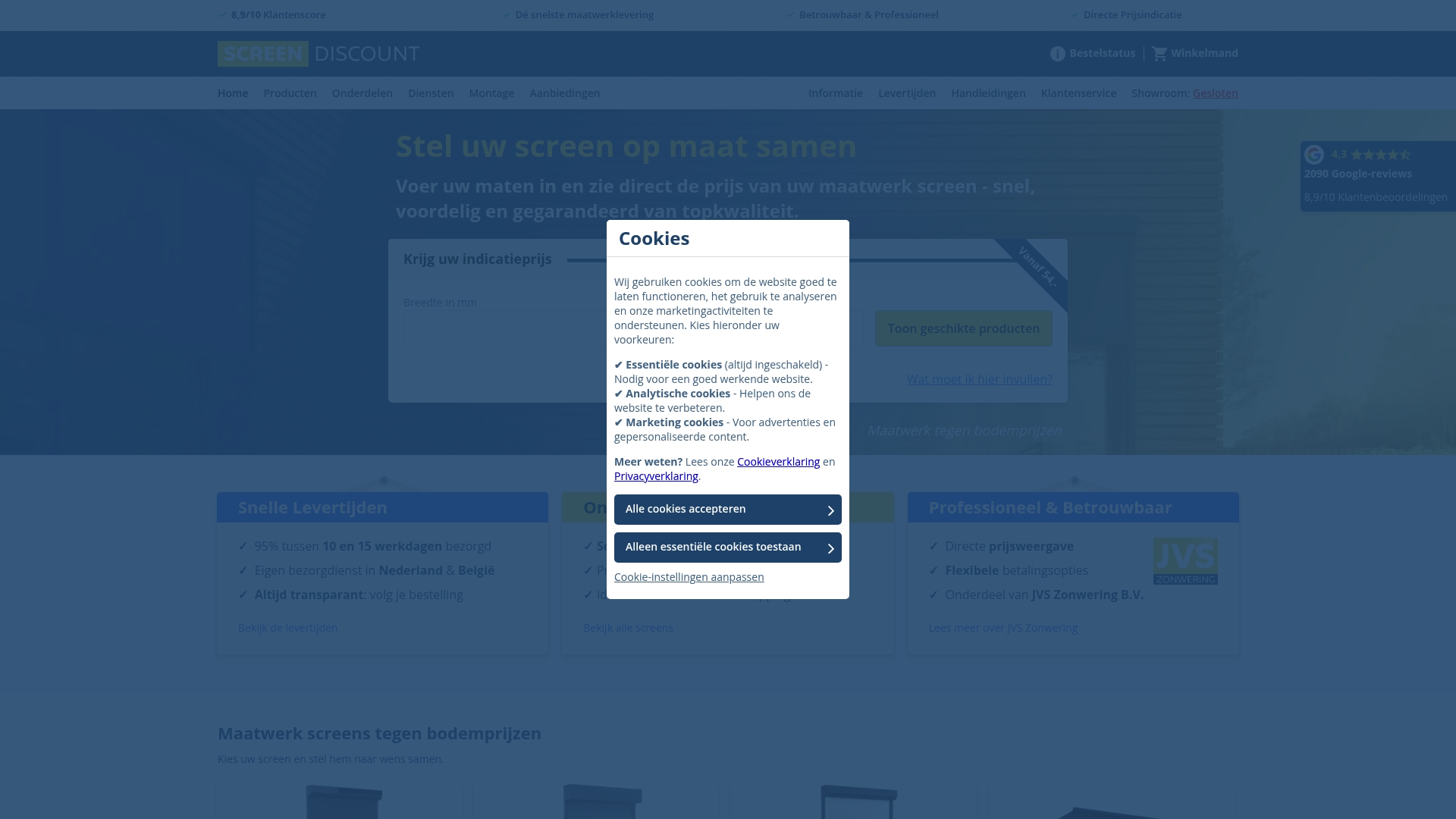 Screen-Discount screens op maat online configurator directe prijsindicatie