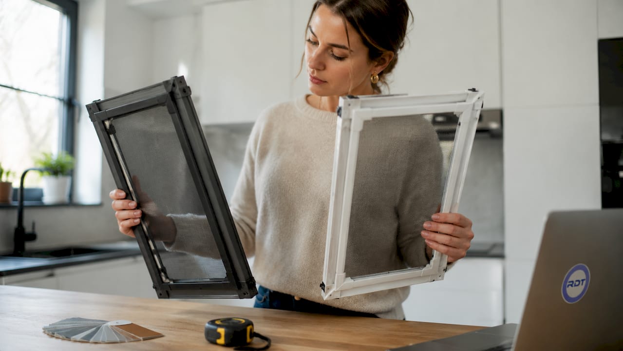 Vrouw vergelijkt binnen twee types rolhor raam: Zenit en Classic, met focus op gebruiksgemak
