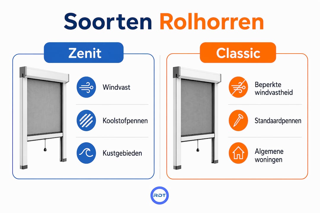 Infographic rolhor raam: Zenit versus Classic vergelijking met voordelen per type