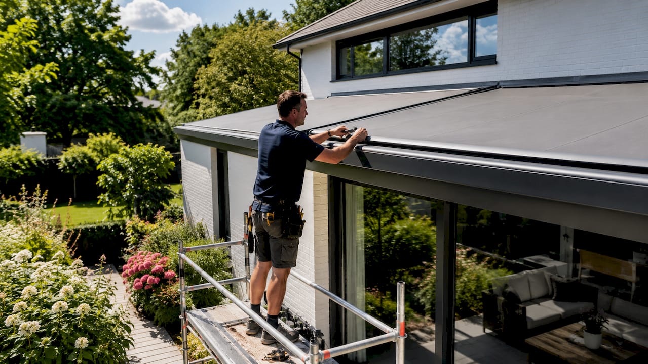 Welke zonwering kiezen voor je veranda - monteur plaatst bovendakscherm