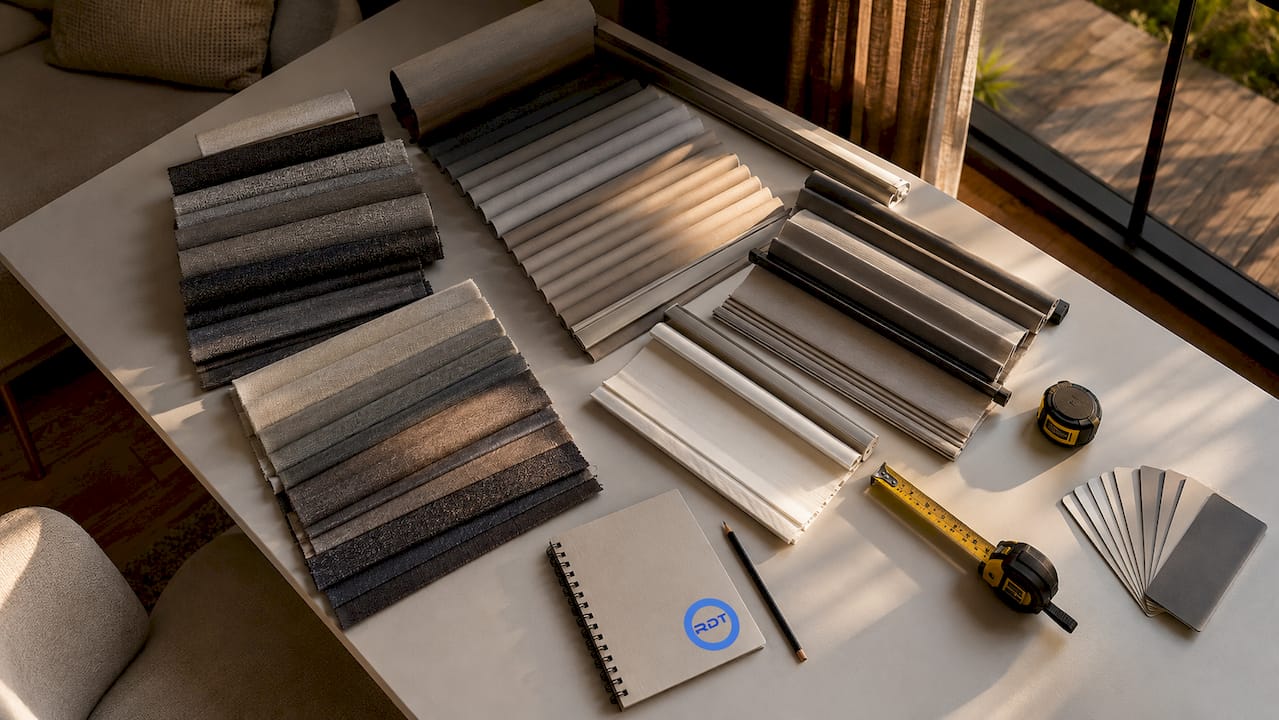 Detailopname van verschillende zonweringstoffen in het atelier
