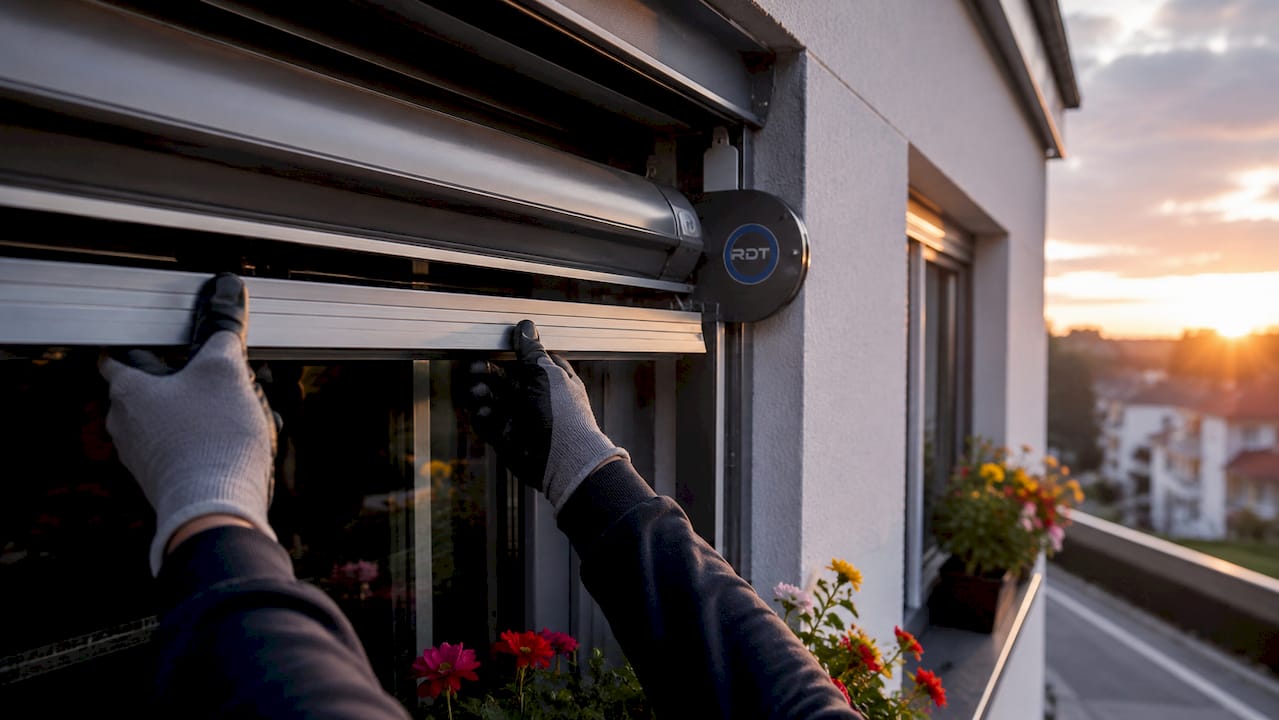 Rolluiken specialist bevestigt rolluiken aan het raam van een woning in de grensregio