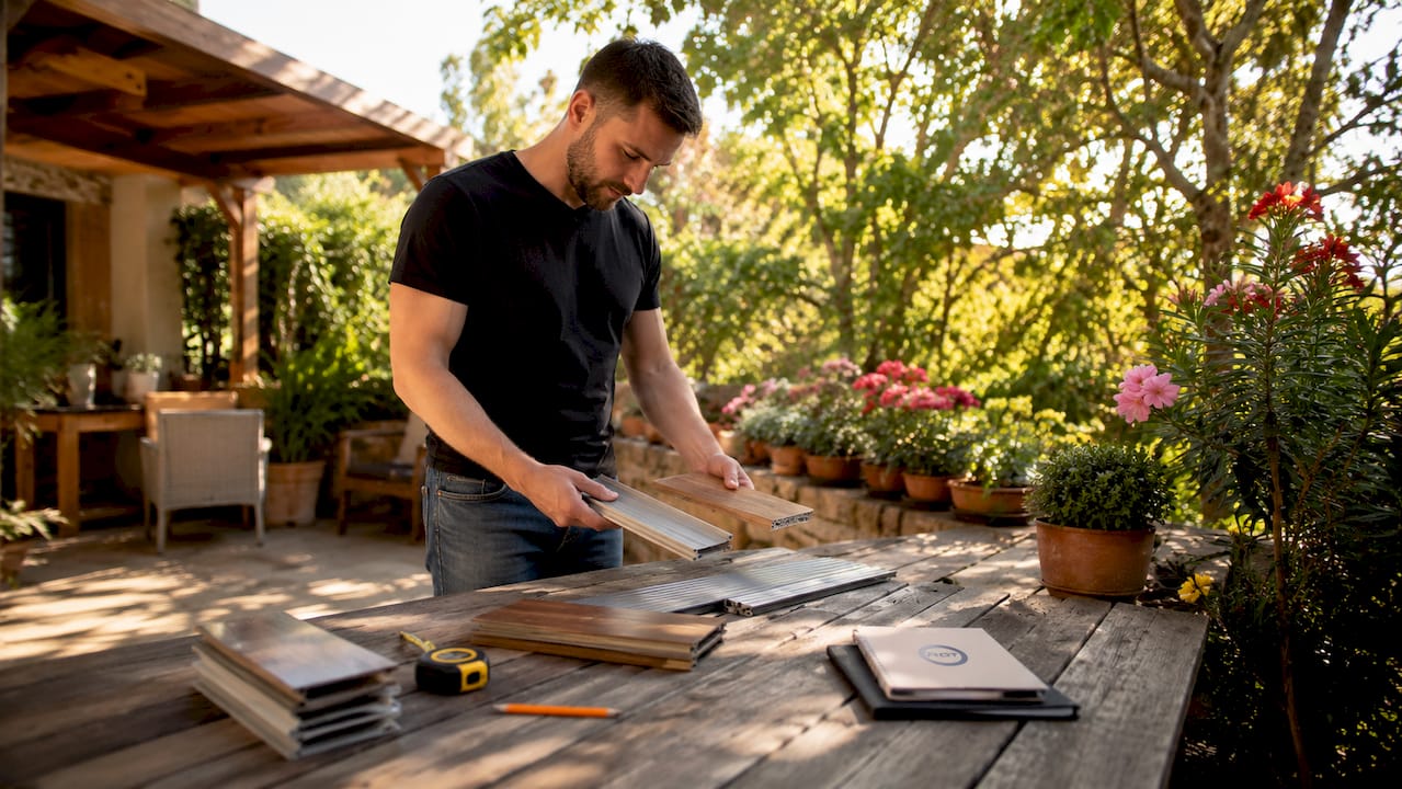 Aluminium en houten staaltjes vergelijken voor wie een pergola op maat kopen wil in Menen