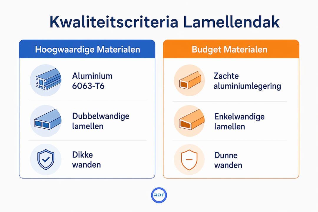 Infographic: premium versus budget materialen die een lamellendak installateur in Menen kan gebruiken