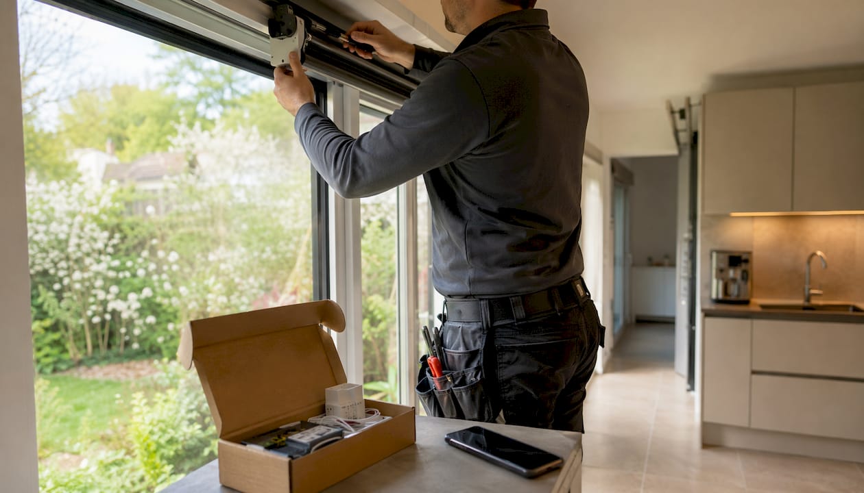 Installateur monteert een Somfy motor in de zonwering &mdash; Somfy TaHoma installatie Menen