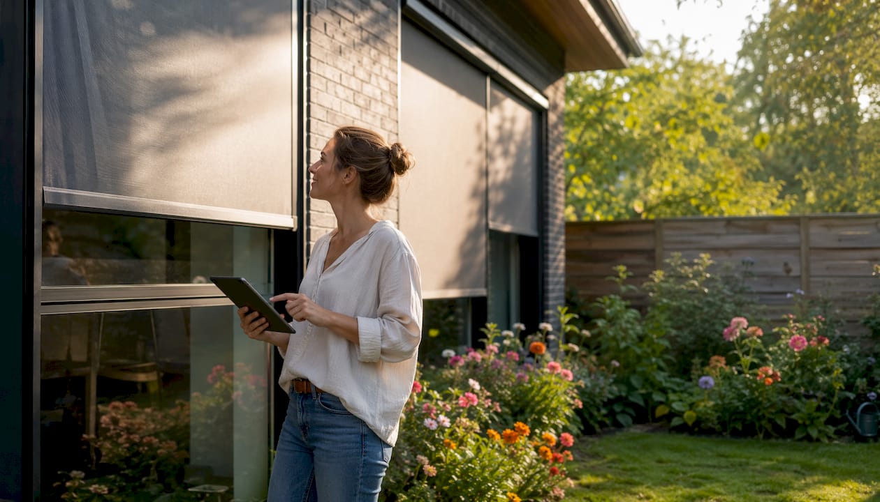 Vrouw bedient haar slimme buitenzonwering via de Somfy TaHoma app op haar smartphone