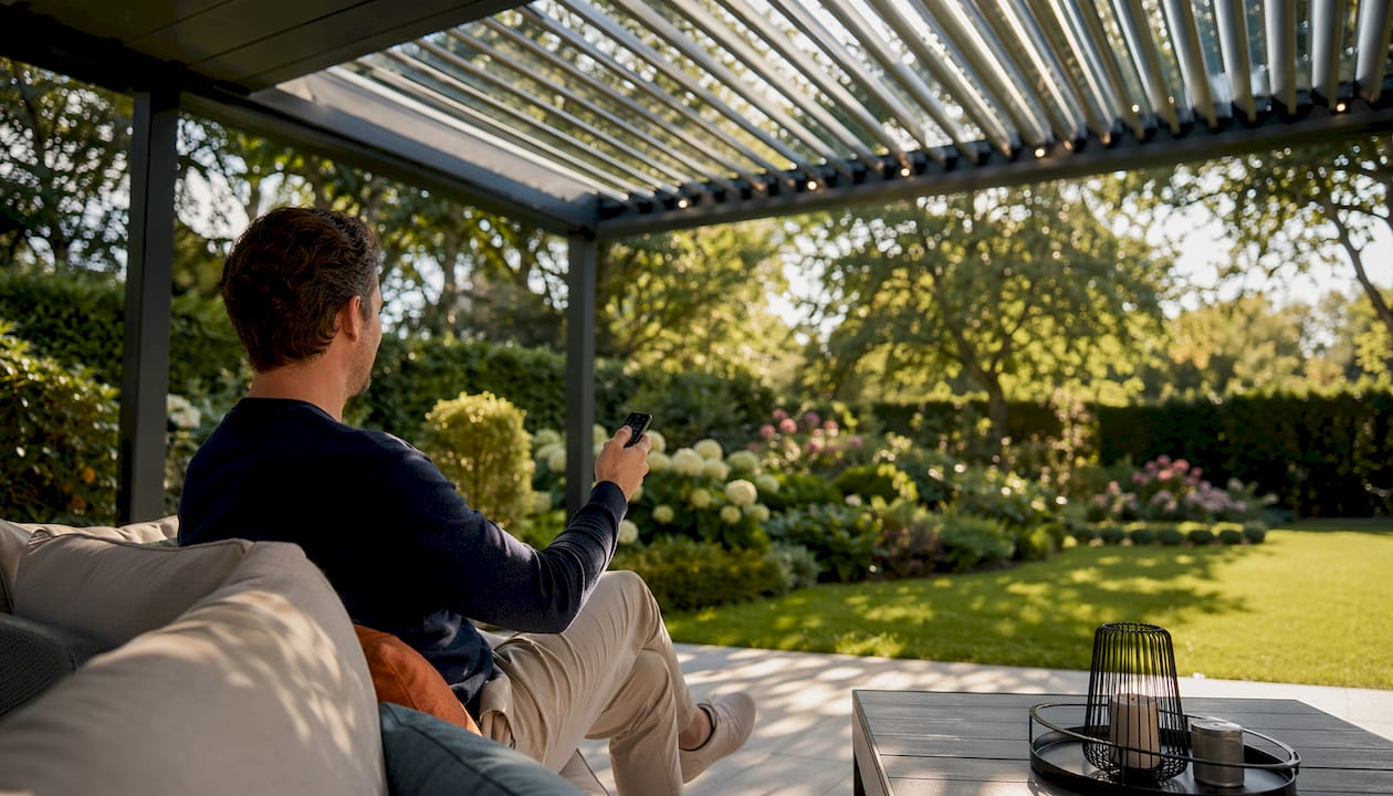 Elektrische lamellen pergola eenvoudig met de hand te bedienen
