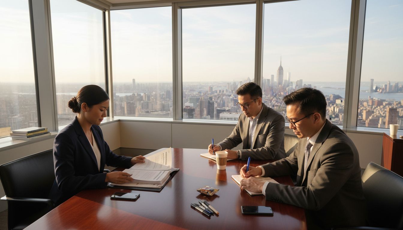 Business meeting in US office overlooking skyline