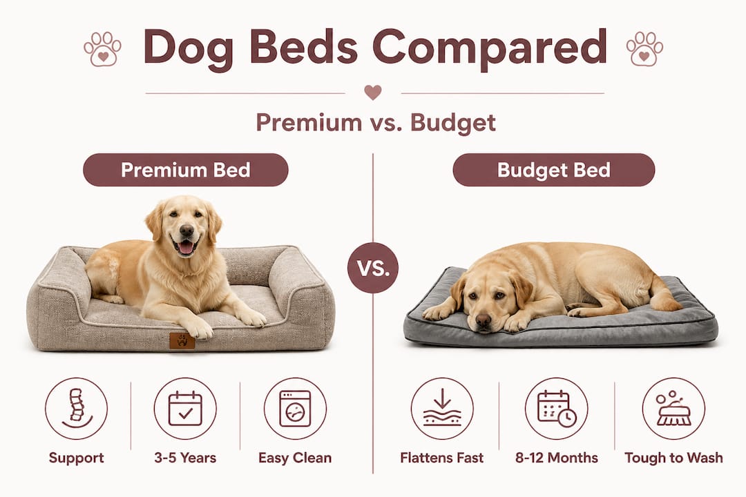 Split infographic comparing premium and budget dog beds