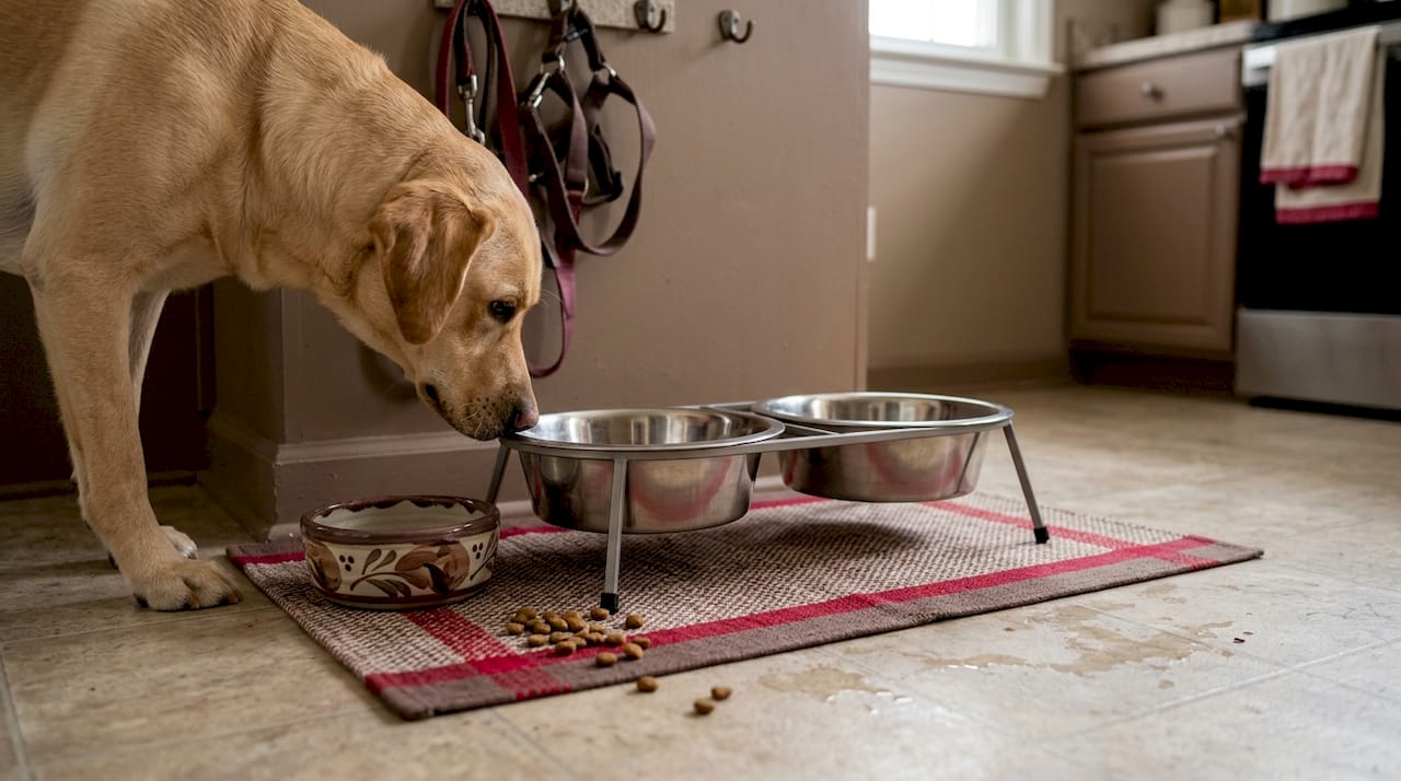 Dog with stainless and ceramic bowls in kitchen