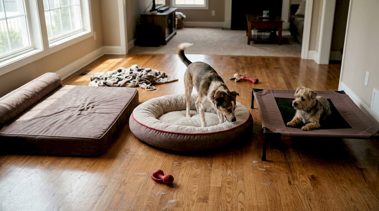 Various dog bed types in family room