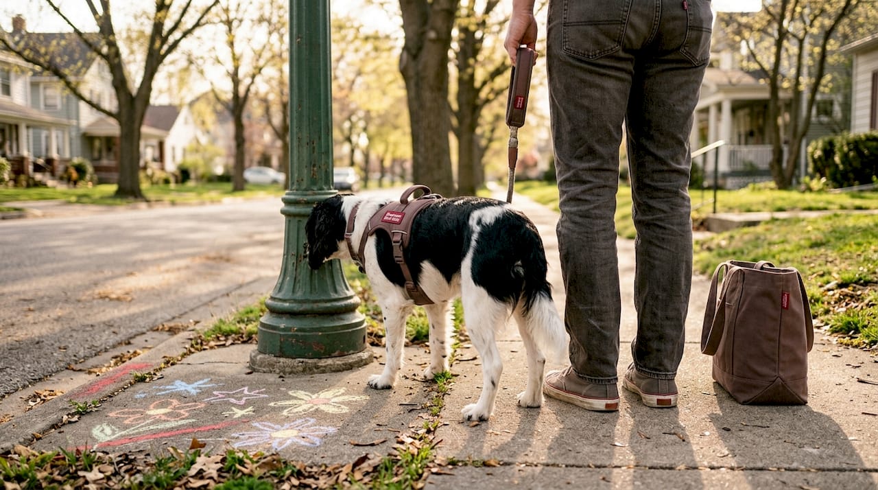 Dog wearing foam padded harness on walk