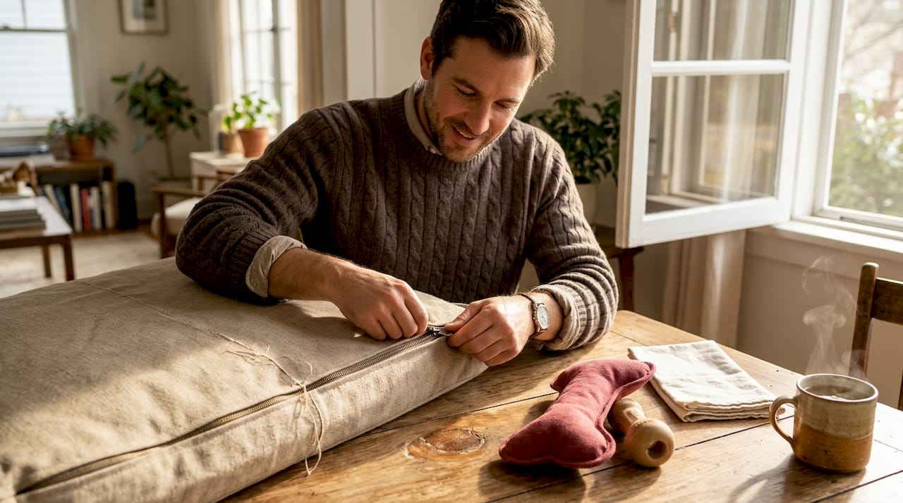 Man checks zipper on washable dog bed cover