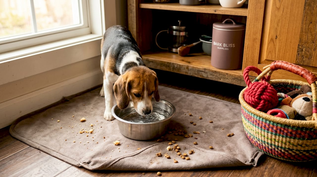 Dog using anti slip mat at feeding station