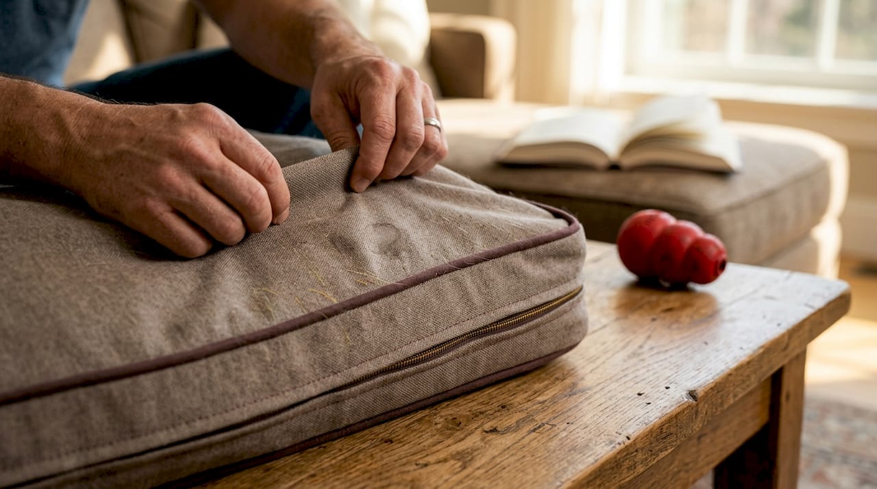 Hands testing dog bed cover durability at kitchen table