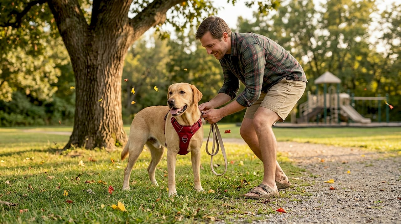 Man preparing to walk dog with harness outside