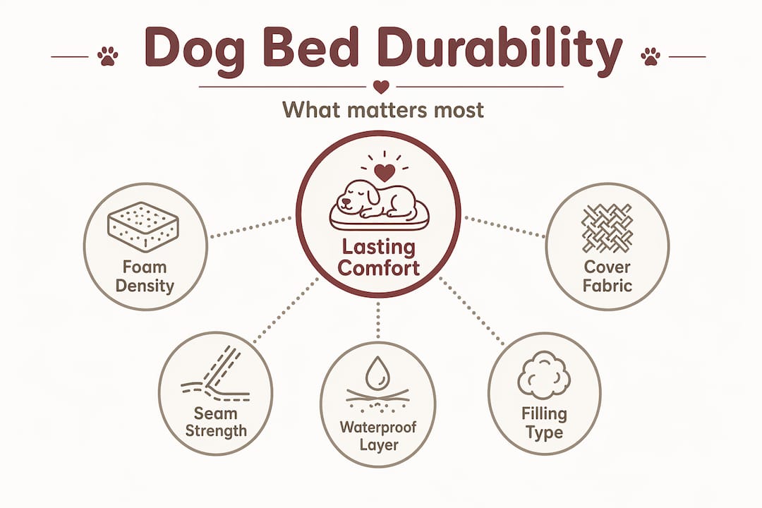 Infographic showing dog bed durability factors in hierarchy