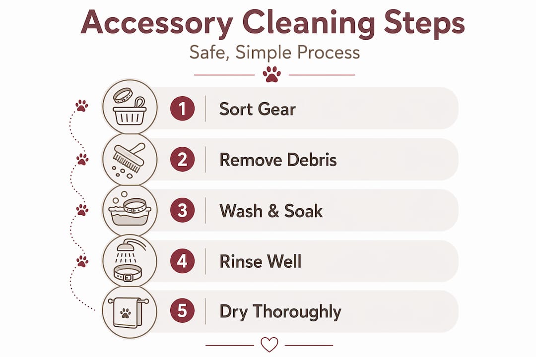 Infographic depicting dog accessory cleaning steps