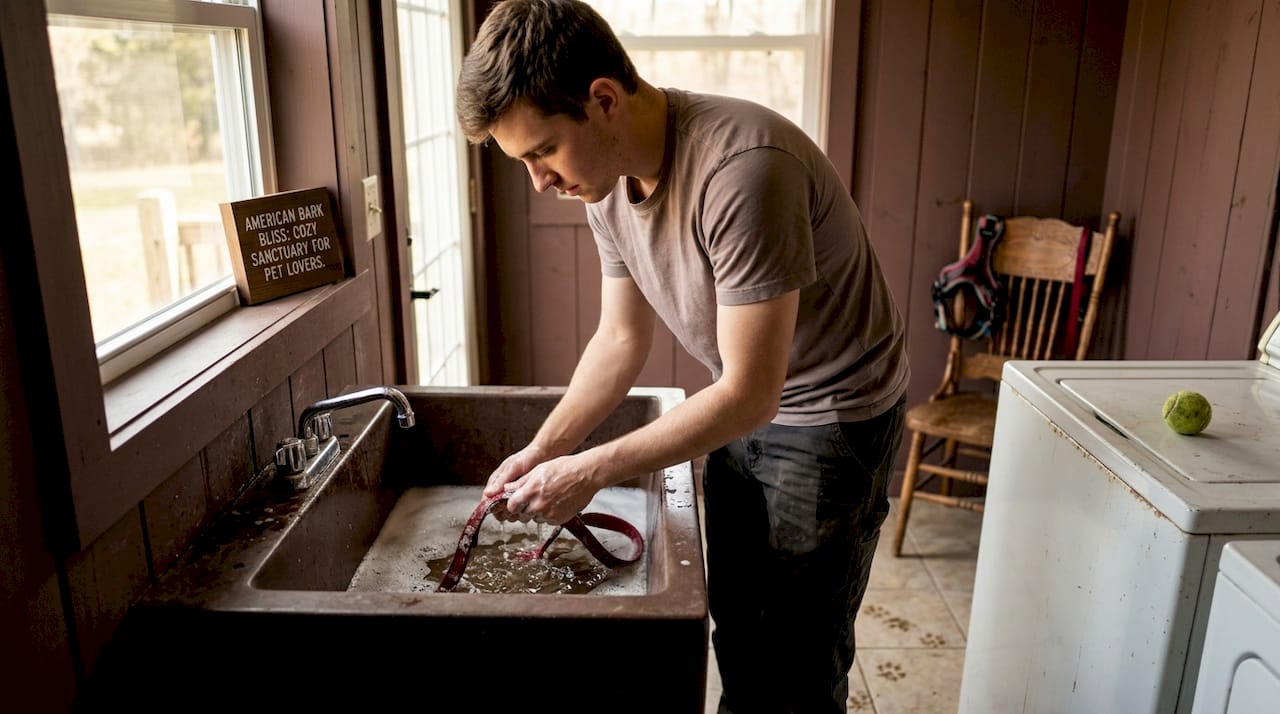 Person hand washing dirty dog leash