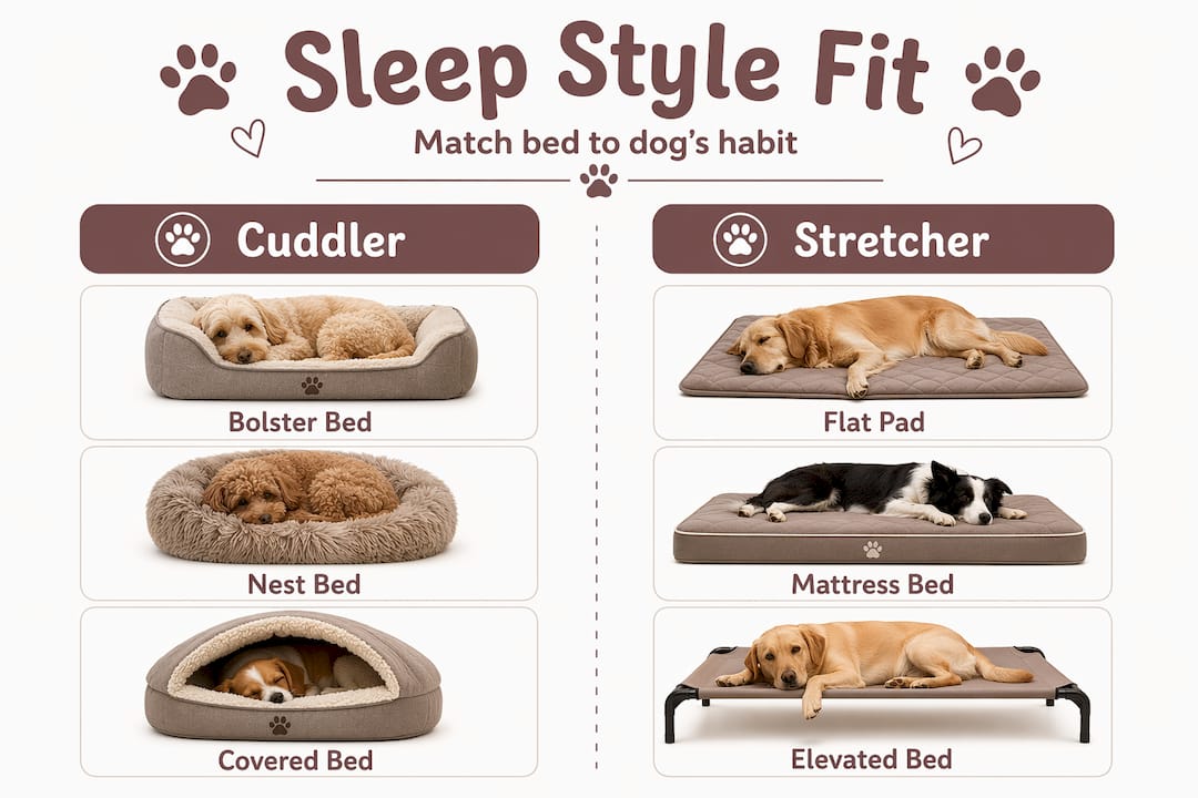 Infographic comparing dog bed types for sleep styles