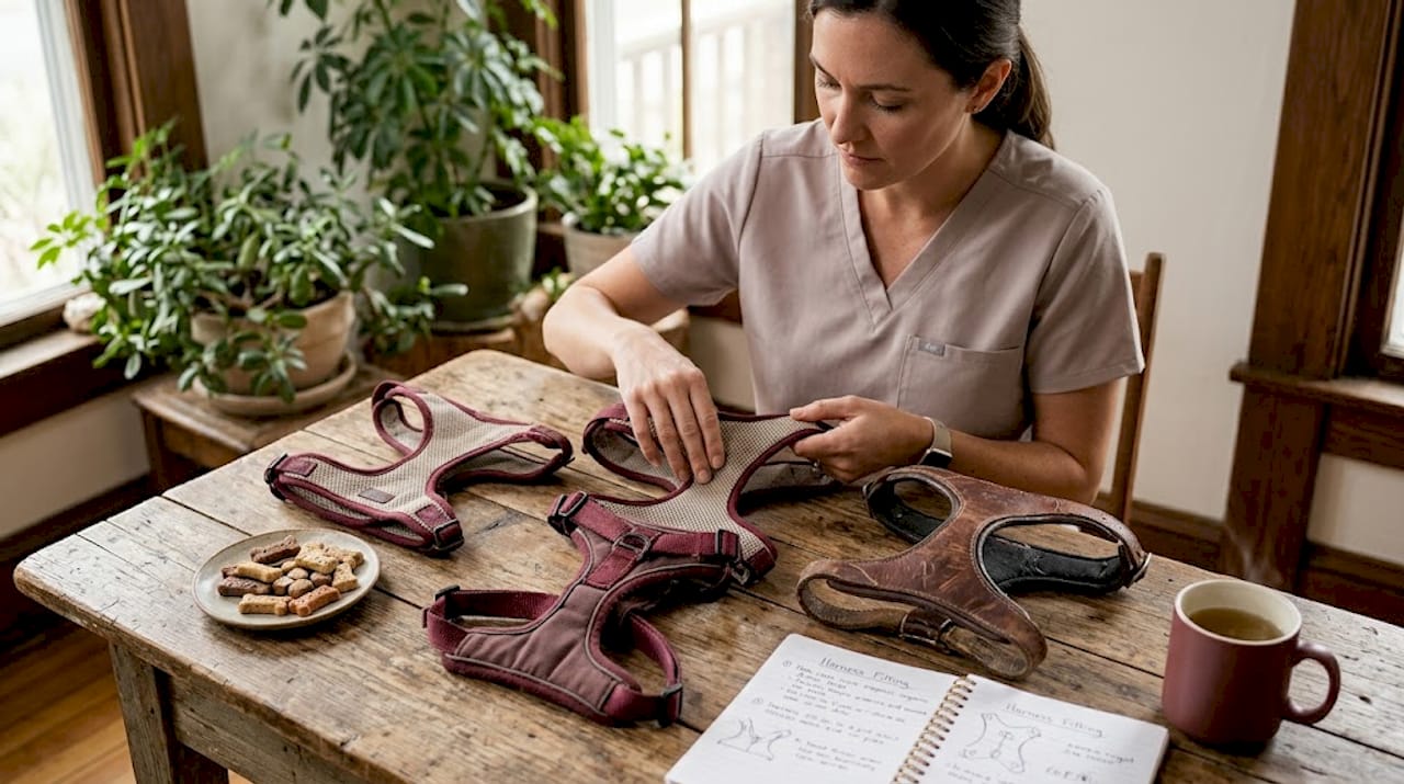 Veterinarian inspects dog harness materials