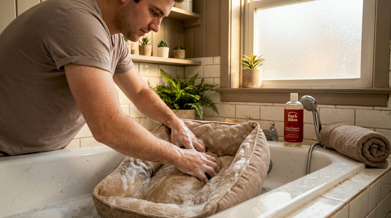 Hand washing dog bed foam in bathtub