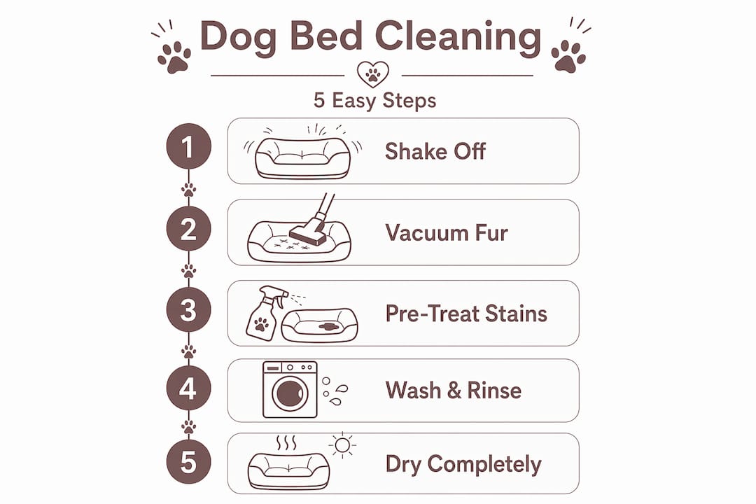 Vertical flow infographic showing five dog bed cleaning steps