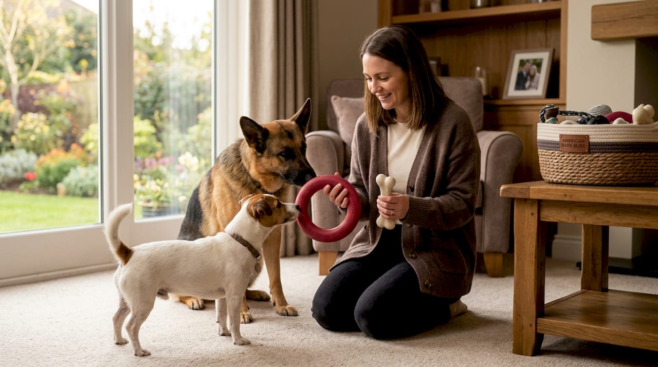 Woman choosing chew toy for two dogs