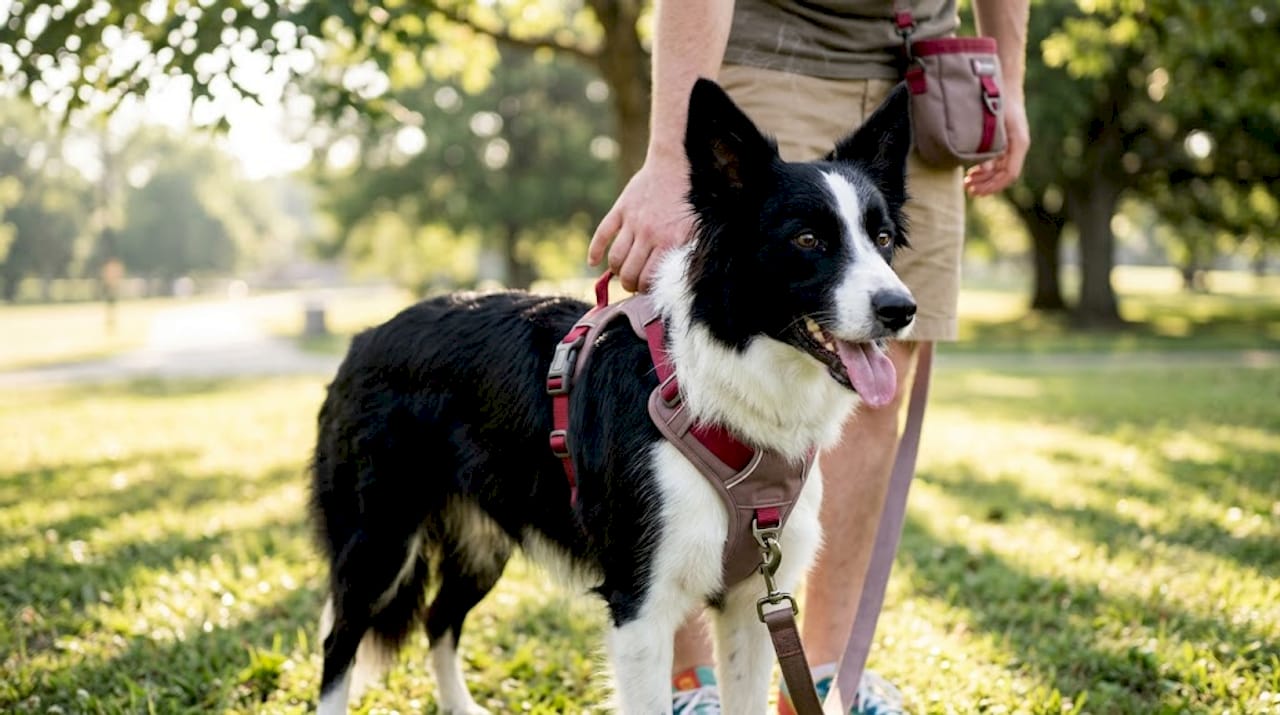 Close-up front-clip harness fitted on dog